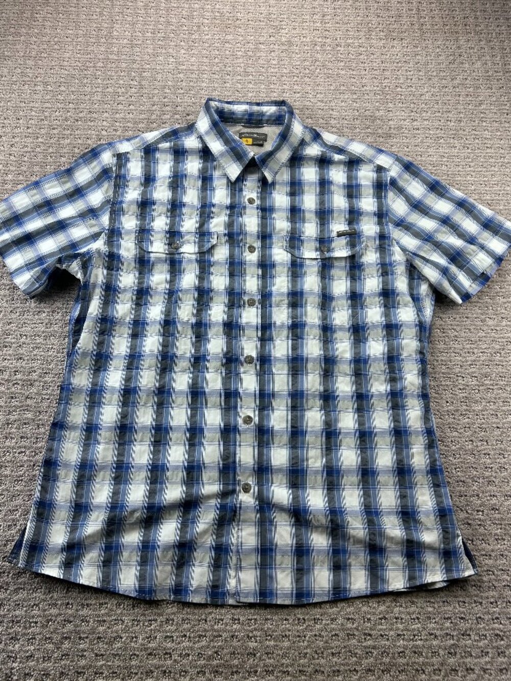 Eddie Bauer Shirt Men Large L Blue White Gray Plaid Button Up Polo Preppy Casual